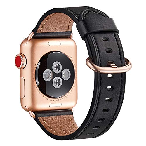 WFEAGL Kompatibel für Apple Watch Armband 44mm 45mm 49mm 42mm,Lederband Ersatzband für Herren Damen Kompatibel für iWatch Ultra Series 9/8/7/6/5/4/3/2/1,SE(42mm 44mm 45mm, Schwarz+Roségold Adapter) von WFEAGL