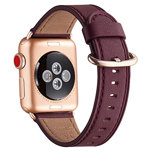 WFEAGL Kompatibel für Apple Watch Armband 44mm 45mm 49mm 42mm,Lederband Ersatzband für Herren Damen Kompatibel für iWatch Ultra Series 9/8/7/6/5/4/3/2/1,SE(42mm 44mm 45mm, Wein+Roségold Adapter) von WFEAGL