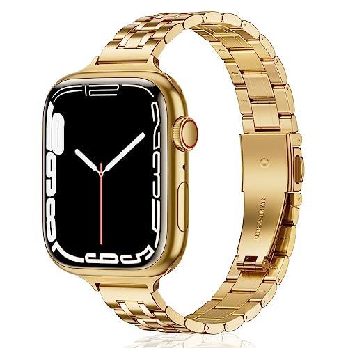 WFEAGL Kompatibel mit Apple Watch Armband 40mm 44mm 41mm 38mm 45mm 42mm 49mm, Metall Schlank Verstellbare Edelstahl Ersatzbänderfür iWatch Ultra Serie 8/7/6/5/4/3/2/1/SE (38mm 40mm 41mm, Gold) von WFEAGL