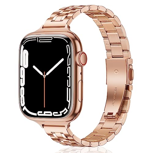 WFEAGL Kompatibel mit Apple Watch Armband 40mm 44mm 41mm 38mm 45mm 42mm 49mm, Metall Schlank Verstellbare Edelstahl Ersatzbänderfür iWatch Ultra Serie 8/7/6/5/4/3/2/1/SE (38mm 40mm 41mm, Roségold) von WFEAGL