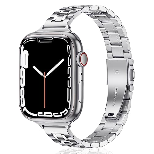 WFEAGL Kompatibel mit Apple Watch Armband 40mm 44mm 41mm 38mm 45mm 42mm 49mm, Metall Schlank Verstellbare Edelstahl Ersatzbänderfür iWatch Ultra Serie 8/7/6/5/4/3/2/1/SE (38mm 40mm 41mm, Silber) von WFEAGL