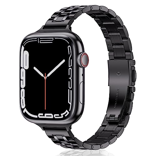 WFEAGL Kompatibel mit Apple Watch Armband 40mm 44mm 41mm 38mm 45mm 42mm 49mm, Metall Schlank Verstellbare Edelstahl Ersatzbänderfür iWatch Ultra Serie 8/7/6/5/4/3/2/1/SE (42mm 44mm 45mm 49mm, Schwarz) von WFEAGL