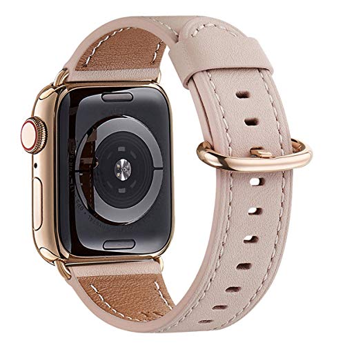WFEAGL Kompatibel mit Apple Watch Armband 49 mm, 45 mm, 44 mm, 42 mm, hochwertiges Echtlederband für iWatch Ultra SE & Serie 8, 7, 6, 5, 4, 3, 2, 1 (PinkSand + Gold) von WFEAGL