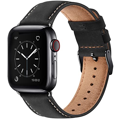 WFEAGL Lederarmband Kompatibel mit Apple Watch Armband 41mm 40mm 38mm,Echtes Lederband Ersatzarmband Herren Damen Armbands für iWatch Series Ultra SE 9 8 7 6 5 4 3 2 1,Schwarz von WFEAGL