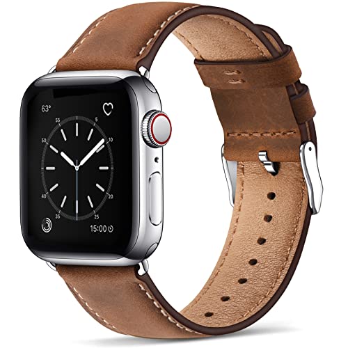 WFEAGL Lederarmband Kompatibel mit Apple Watch Armband 41mm 40mm 38mm,Echtes Lederband Ersatzarmband Herren Damen armbands für iWatch Series Ultra SE 9 8 7 6 5 4 3 2 1,Retro Braun/Silber von WFEAGL