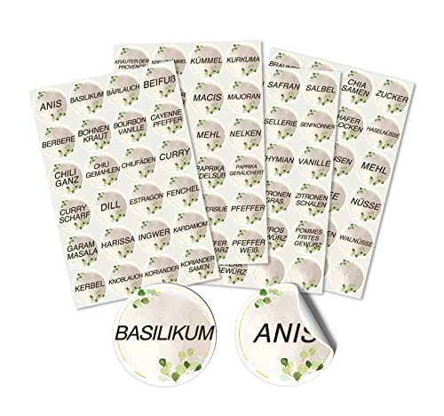 Selbstklebende Gewürzetiketten, WHFGSOM 96 Stück Gewürze Etiketten 4 Blätter Runde Aufkleber Sticker für Gewürzgläser Vorratsgläser (Φ4cm) von WHFGSOM