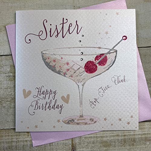 WHITE COTTON CARDS B103-SIS Geburtstagskarte für Schwester, handgefertigt, Champagner-Coupé, 16 x 16 cm von WHITE COTTON CARDS