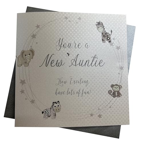 WHITE COTTON CARDS B260 Grußkarte, Motiv You're a new Auntie, englische Aufschrift How Exciting Have Lots of Fun! Handgefertigter Teddybär, silberfarben von WHITE COTTON CARDS