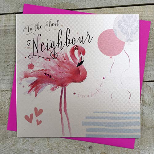WHITE COTTON CARDS Geburtstagskarte mit Aufschrift Best Neighbour Happy Birthday, handgefertigt, Flamingo, B244 von WHITE COTTON CARDS