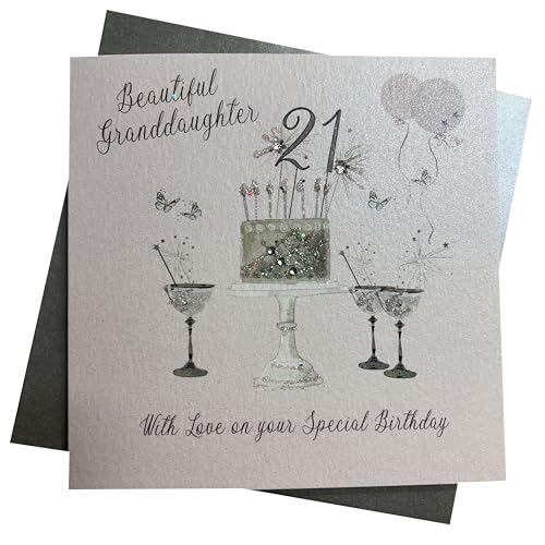 WHITE COTTON CARDS Geburtstagskarte zum 21. Geburtstag für Enkelin, Rosa, glitzernder Kuchen und Gläser, handgefertigt, BD13 von WHITE COTTON CARDS