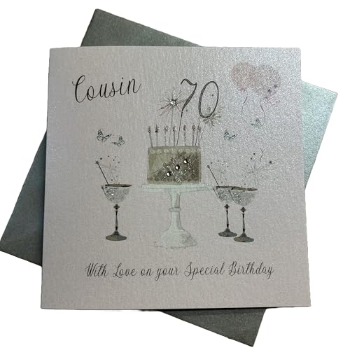 WHITE COTTON CARDS Geburtstagskarte zum 70. Geburtstag, Motiv: Cousin, Champagnergläser, rosa Rosen, SS42-C70, 16 x 16 cm von WHITE COTTON CARDS