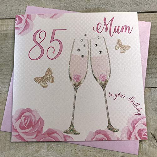 WHITE COTTON CARDS Geburtstagskarte zum 85. Geburtstag, Motiv: Champagnergläser, rosa Rosen, SS42-M85, 16 x 16 cm von WHITE COTTON CARDS