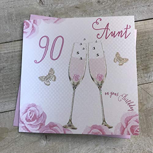 WHITE COTTON CARDS Geburtstagskarte zum 90. Geburtstag, Tante, Champagnergläser, rosa Rosen, SS42-A90 von WHITE COTTON CARDS
