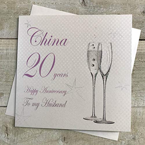 WHITE COTTON CARDS Glückwunschkarte zum 20. Hochzeitstag To my Husband, handgefertigt, Champagnerflöten, BD120-H, 16 x 16 cm von WHITE COTTON CARDS