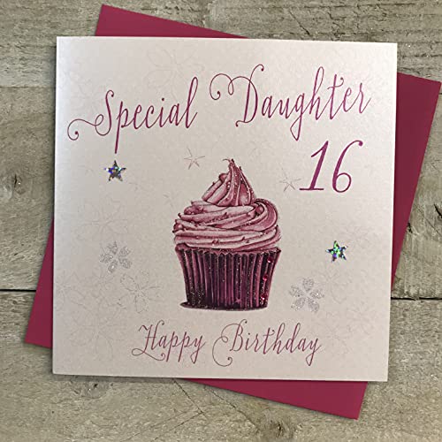 WHITE COTTON CARDS Pink Cupcake, Special Daughter 16 Happy Handmade 16th Birthday Card, White, WB188-16 von WHITE COTTON CARDS