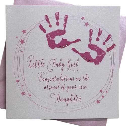 WHITE COTTON CARDS Pink Handabdrücke Little Baby Girl Congratulations on The Arrival of Your Tochter von Hand New Baby Karte von WHITE COTTON CARDS