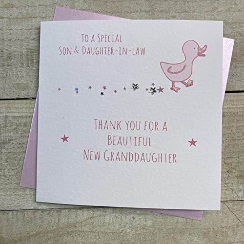 WHITE COTTON CARDS S249 Glückwunschkarte für Sohn und Schwiegertochter – Danke für die Enkelin Little Duck, handgefertigt von WHITE COTTON CARDS