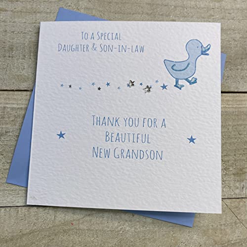 WHITE COTTON CARDS S257 Geburtstagskarte für Tochter und Schwiegersohn – Danke für den Enkel kleine Ente, handgefertigt von WHITE COTTON CARDS