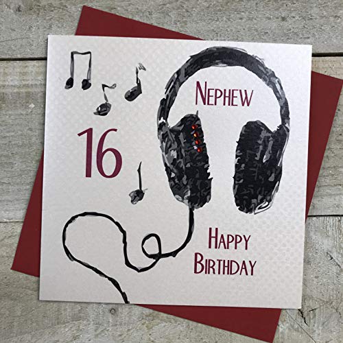 WHITE COTTON CARDS SB54-N16 Glückwunschkarte zum 16. Geburtstag, handgefertigt, Motiv: Neffen mit 16 Happy Headphones von WHITE COTTON CARDS