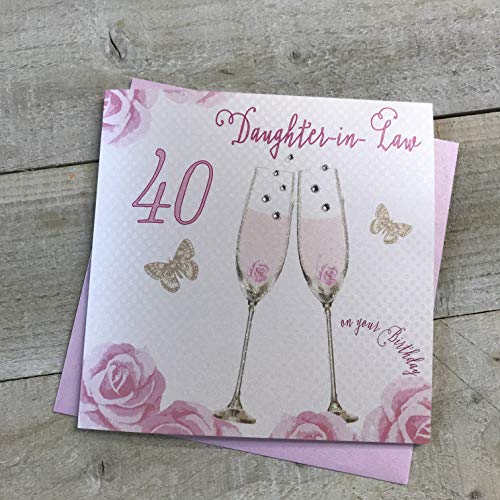 WHITE COTTON CARDS SS42-DIL40 Geburtstagskarte zum 40. Geburtstag, Champagnergläser, rosa Rosen, 16 x 16 cm von WHITE COTTON CARDS