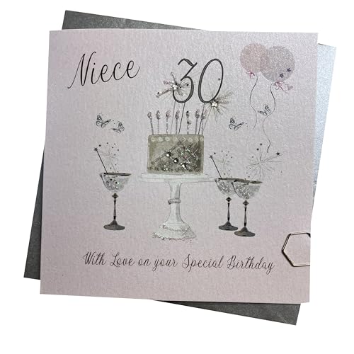 WHITE COTTON CARDS SS42-NIE30 Geburtstagskarte zum 30. Geburtstag, für Nichte, glitzernder Kuchen und Gläser, Rosa von WHITE COTTON CARDS