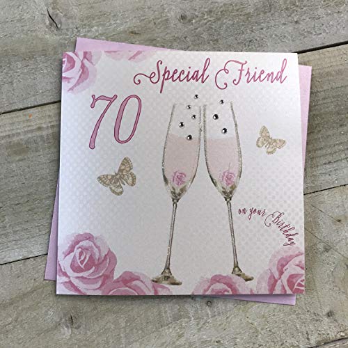 WHITE COTTON CARDS SS42-SF70 Geburtstagskarte zum 70. Geburtstag, Motiv: Champagnergläser, rosa Rosen von WHITE COTTON CARDS