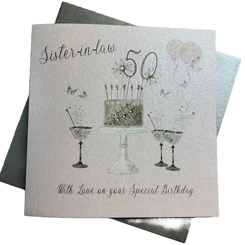 WHITE COTTON CARDS SS42-SIL50 Geburtstagskarte zum 50. Geburtstag, Champagnergläser, rosa Rosen, 16 x 16 cm von WHITE COTTON CARDS
