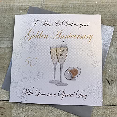 WHITE COTTON CARDS WA50M Glückwunschkarte zum 50. Hochzeitstag mit Aufschrift to Mum & Dad Golden Anniversary with Love On Your Special Day, handgefertigt, weiß, 16cm x 16cm von WHITE COTTON CARDS