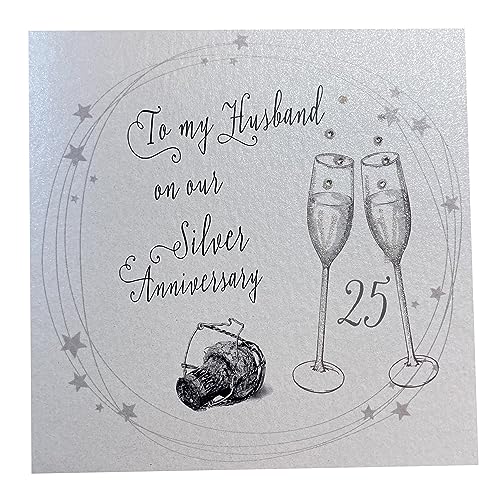 WHITE COTTON CARDS WB 43-63.50 cm Champagner-Gläser, Aufschrift for My Husband On Our Anniversary, (25 Years, handgemacht, zum 25. Hochzeitstag, Weiß von WHITE COTTON CARDS