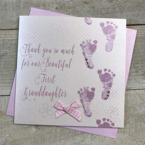 WHITE COTTON CARDS WB301 Glückwunschkarte Welcome to our 1st Granddaughter, handgefertigt, Pink Footprints von WHITE COTTON CARDS