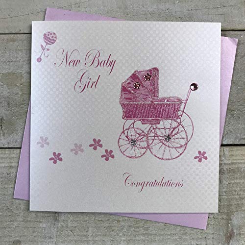 WHITE COTTON CARDS bd187 Pink Kinderwagen, Baby Girl handgefertigt Baby Karte Congratulations von WHITE COTTON CARDS