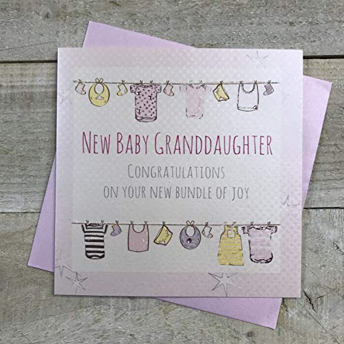 White Cotton Cards G13-GD Glückwunschkarte für die Enkelin mit englischer Aufschrift "New Baby Granddaughter Congratulations On Your New Bundle of Joy!", handgefertigt, Pink von WHITE COTTON CARDS