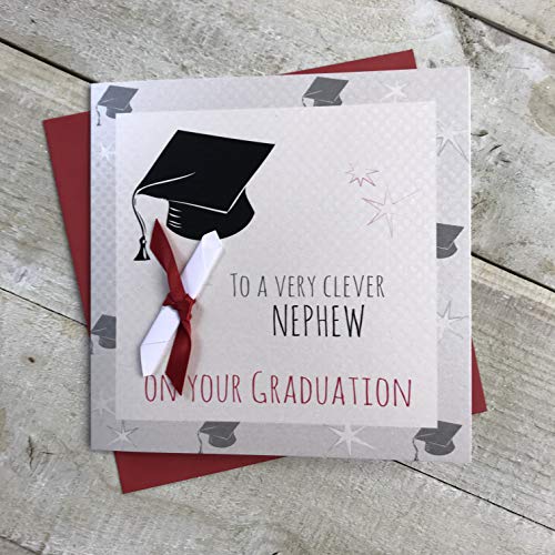 White Cotton Cards G15-NE Glückwunschkarte zum Schulabschluss, handgefertigt, Aufschrift To A Very Clever Nephew On Your Graduation von WHITE COTTON CARDS