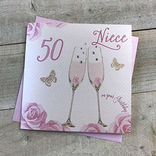 White Cotton Cards Geburtstagskarte zum 50. Geburtstag, Nichte, Champagnergläser, rosa Rosen, SS42-NIE50 von WHITE COTTON CARDS