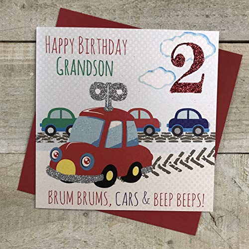 White Cotton Cards Glückwunschkarte zum 2. Geburtstag "Happy Birthday Grandson 2", handgefertigt, G82-2GS, Grau/Braun/Rot von WHITE COTTON CARDS