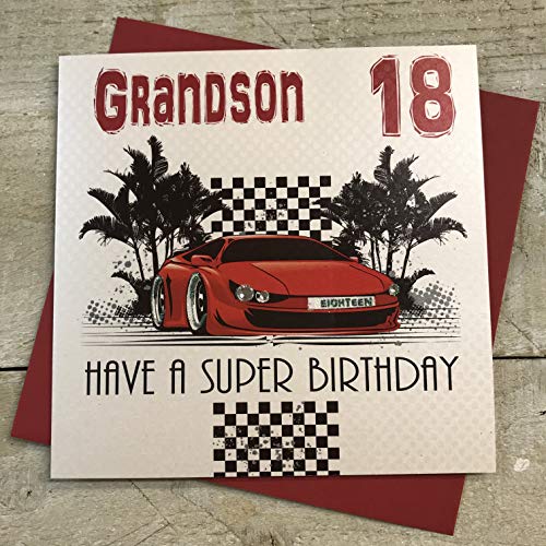 White Cotton Cards LLR18-GS Glückwunschkarte zum 18. Geburtstag, Aufschrift"Grandson 18 Have A Super Birthday", handgefertigt von WHITE COTTON CARDS