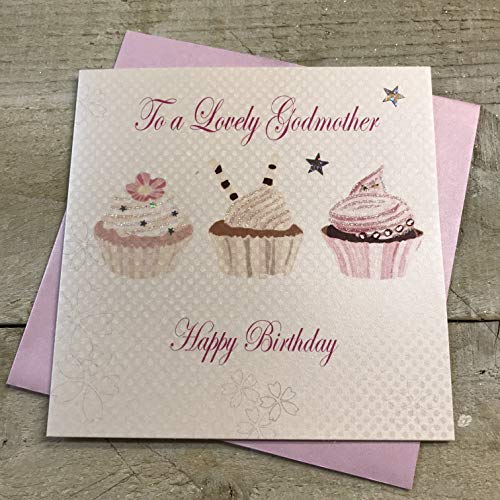 White Cotton Cards PD113 Geburtstagskarte, Aufschrift "To A Wonderful Godmother Happy Birthday", handgefertigt, Weiß von WHITE COTTON CARDS