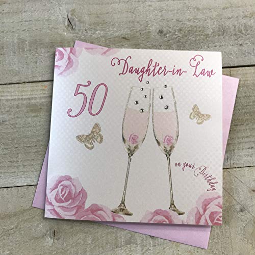 White Cotton Cards SS42-DIL50 Glückwunschkarte zum 50. Geburtstag, Motiv: Champagnergläser, rosa Rosen von WHITE COTTON CARDS