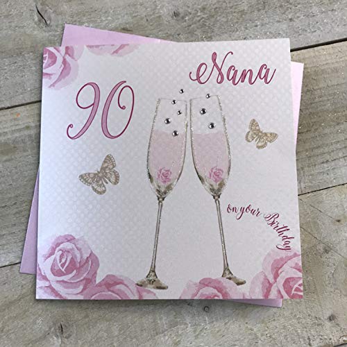 White Cotton Cards SS42-NANA90 Geburtstagskarte zum 90. Geburtstag, Motiv: Champagnergläser, rosa Rosen von WHITE COTTON CARDS