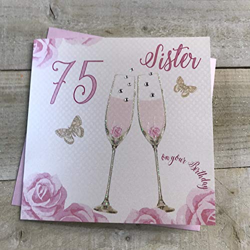 White Cotton Cards SS42-S75 Glückwunschkarte zum 75. Geburtstag, Motiv: Champagnergläser, rosa Rosen von WHITE COTTON CARDS