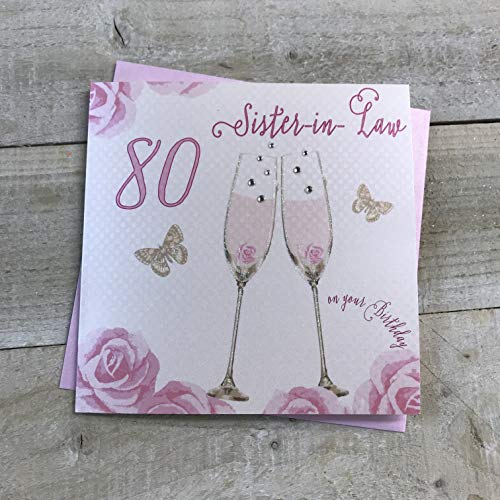 White Cotton Cards SS42-SIL80 Glückwunschkarte zum 80. Geburtstag, Motiv: Champagnergläser, rosa Rosen von WHITE COTTON CARDS