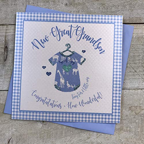 White Cotton Cards b-ss236 "New Great Grandson Congratulations, wie schön." handgefertigt Baby Karte – Blau von WHITE COTTON CARDS