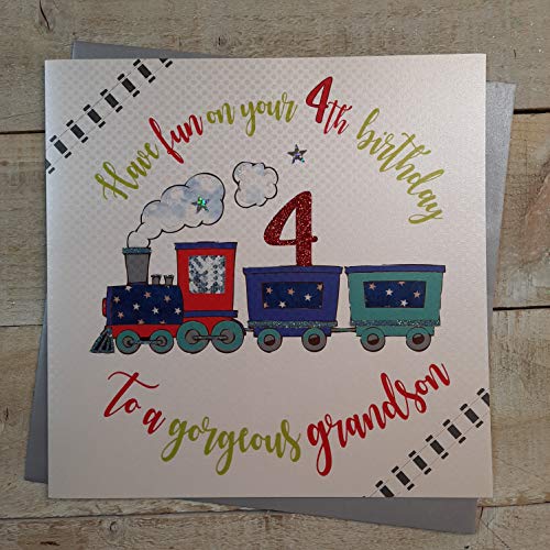 White Cotton Cards xr41–4 GS groß "Have Fun auf Ihrer 4. Birthday to A Gorgeous Grandson" handgefertigt Karte von WHITE COTTON CARDS