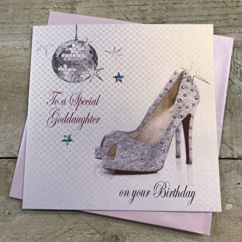 white cotton cards PD148 To A Special Goddaughter On Your Birthday, handgefertigte Geburtstagskarte, pfirsichfarben, schwarz, grau, braun von WHITE COTTON CARDS