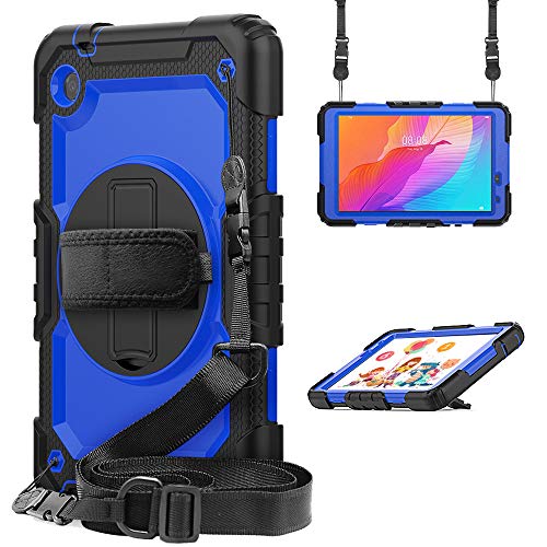 WHWOLF Kinder-Hülle für Huawei MatePad T8 (8.0"), strapazierfähig, stoßfest, Hybrid-Hülle [360 ° drehbarer Ständer, Griff und Schultergurt], Blau von WHWOLF