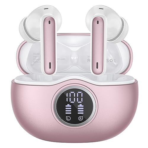 Bluetooth-Kopfhörer, Bluetooth 5.3, kabellose Kopfhörer in Ear mit Hi-Fi Stereo Geräuschunterdrückung HD Mics, IP7, wasserdicht, kabellose Kopfhörer 40 Hrs mit LED-Display, Bluetooth-Kopfhörer Rosa von WHYKJTEK