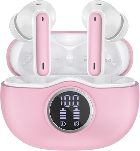 Bluetooth-Kopfhörer, Bluetooth 5.3 Stereo-Kopfhörer, 50 Stunden Spielzeit mit LED-Display, im Headset mit 4 Mikrofonen, Bluetooth Kopfhörer wasserdicht IP7 für Sport, Hellrosa von WHYKJTEK