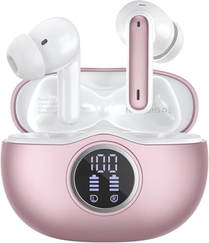 Bluetooth-Kopfhörer, Bluetooth 5.3 Stereo-Kopfhörer, 50 Stunden Wiedergabe mit LED-Display, im Headset mit 4 Mikrofonen, wasserdicht, IP7 für Sport, Roségold Bluetooth-Kopfhörer, Bluetooth 5.3 Stereo-Kopfhörer, 50 Stunden Wiedergabe mit LED-Display, im Headset mit 4 Mikrofonen, wasserdicht, IP7 für Sport, Roségold von WHYKJTEK