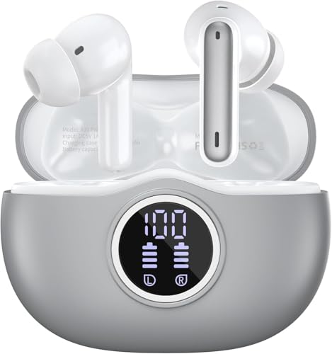 Bluetooth-Kopfhörer, Bluetooth 5.3 Stereo-Kopfhörer von hoher Qualität, 50 Stunden Wiedergabe mit LED-Display, im Headset mit 4 Mikrofonen, Bluetooth Kopfhörer wasserdicht IP7 für Sport, Grau von WHYKJTEK