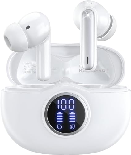 Bluetooth-Kopfhörer, Bluetooth 5.3 Stereo-Kopfhörer von hoher Qualität, 50 Stunden Wiedergabe mit LED-Display, im Headset mit 4 Mikrofonen, Bluetooth Kopfhörer wasserdicht IP7 für Sport Blanco Bluetooth-Kopfhörer, Bluetooth 5.3 Stereo-Kopfhörer von hoher Qualität, 50 Stunden Wiedergabe mit LED-Display, im Headset mit 4 Mikrofonen, Bluetooth Kopfhörer wasserdicht IP7 für Sport Blanco von WHYKJTEK